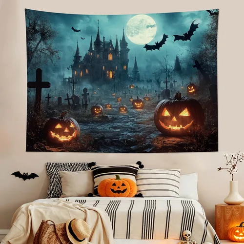Miniatura 31 de EOBTAIN Scary Halloween Tapestry Gothic Black Crow Skull in Horror Graveyard Tapestry Wall Hanging Spooky Raven under Misty Full Moon Night Wall Art