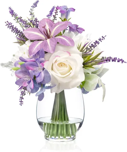 WELL KNOWN Flores falsas en jarrón, flores artificiales con agua falsa, rosa de seda sintética de tacto real y tulipanes florecientes, flor de