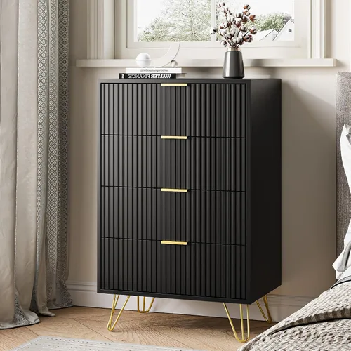 Miniatura 5 de MAISONARIA Cómoda negra para dormitorio, cómoda de 4 cajones con asas de metal dorado y cómodas, cómodas para pasillo, dormitorio