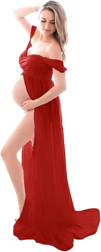 Miniatura 3 de Fuera del hombro de la colmena de la manga del cordón vestido de maternidad de la ducha del bebé maxi fotografía traje largo piso longitud vestido