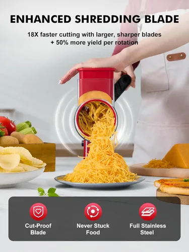 Miniatura 4 de Rallador de queso giratorio GDL con manivela manual - Rallador de queso mejorado con 4 cuchillas intercambiables, rallador giratorio con base de Rojo