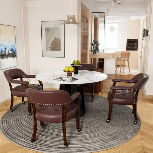 Miniatura 40 de Juego de 8 sillas de cuero de comedor con ruedas y brazos, silla de capitán Accent con ruedas, sillas de madera con ruedas enrollables para cocina