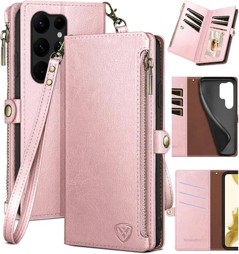 Miniatura 15 de XcaseBar Funda tipo cartera para Samsung Galaxy S23 Ultra con cremallera【Bloqueo RFID】 Soporte para tarjeta de crédito, libro de folio con tapa Rojo