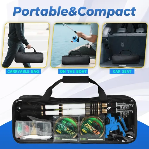 Miniatura 3 de Combo de caña de pescar telescópica y carrete, 2 cañas de pescar plegables con señuelos de carrete giratorio y bolsa de transporte para agua salada