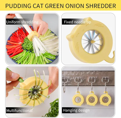 Miniatura 6 de Cortador de cebolla verde con forma de gato, 2 piezas de 12 cuchillas de acero inoxidable, cortador de cebolla verde de plástico de grado