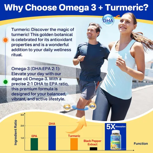 Miniatura 4 de Gomitas veganas Omega-3 de 1000 mg + cúrcuma, alternativa al aceite de pescado Omega 3 para adultos, algas DHA de 600 mg y EPA 300 mg, vitaminas A