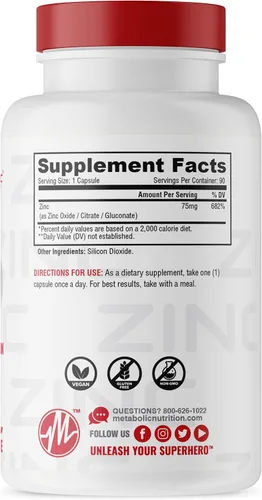 Miniatura 2 de Suplemento de zinc de Metabolic Nutrition, 75 mg, 90 cápsulas de zinc, apoya la función del sistema inmunológico con óxido de zinc