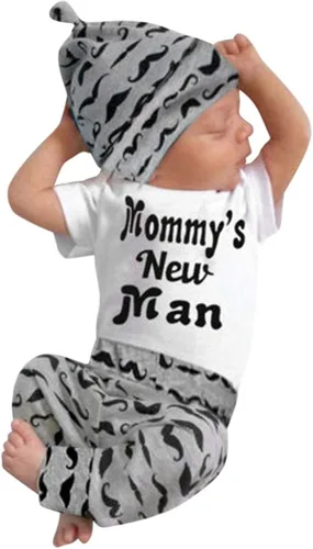 Miniatura 2 de Conjunto de 3 piezas de ropa para bebés y niños, mameluco con letras, pantalones, sombrero