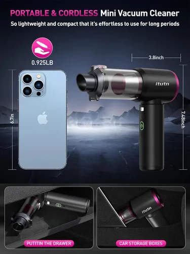 Miniatura 9 de Mini Aspiradora de Coche Portátil Inalámbrica con Luz LED, 15000PA de Succión Potente, 80W de Alta Potencia, Vaciado con un Clic, Filtro Hepa Dual