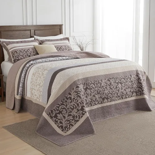 Juego de colcha de cama king de estilo granja de 120x120, 100% algodón, juego de colcha acolchada de gran tamaño, patrón botánico a rayas, juego de