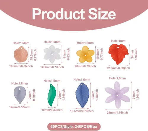Miniatura 6 de PH PandaHall 240 dijes de resina acrílica de hojas de flores con temática otoñal, 8 estilos de cuentas esmeriladas para bricolaje, colgantes