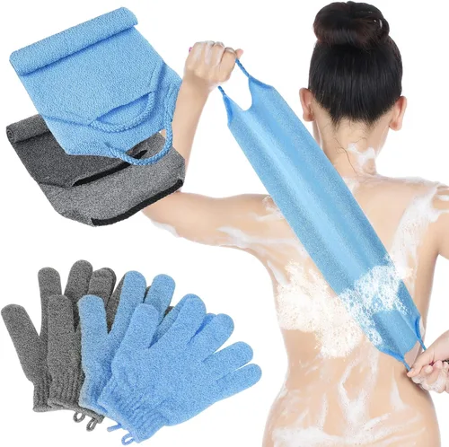 Miniatura 8 de Juego de 4 paños exfoliantes para la espalda, 2 toallas exfoliantes de nailon para la espalda, 2 pares de guantes de ducha para mujeres y hombres