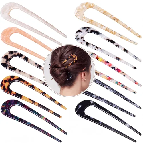 WILLBOND 10 horquillas francesas para mujer, 4 pulgadas, acetato en forma de U, pinzas pequeñas y ligeras, decorativas, finas, para peinado, moño