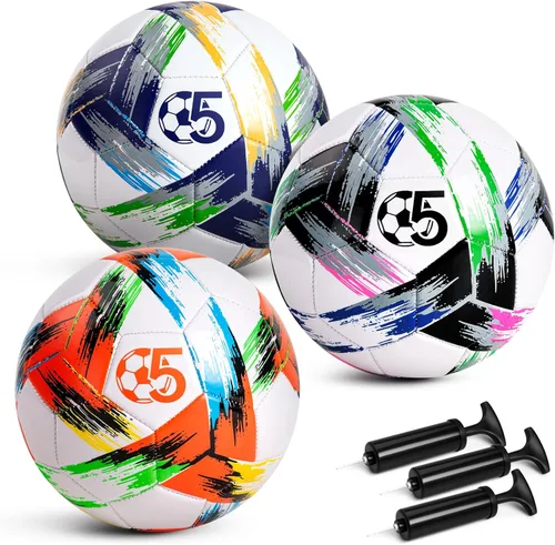 Balón de fútbol tamaño 5, tamaño 4, tamaño 3, desinflado, brillante bola de práctica tricolor para niños y niñas de 4 a 8 años, 8 a 12 años, 12