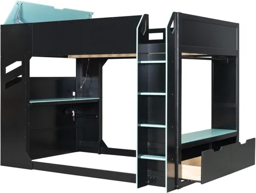 Miniatura 9 de Cama tipo loft de tamaño matrimonial con escritorio ajustable en altura y litera superior y caja de almacenamiento LED, marco de madera con barra