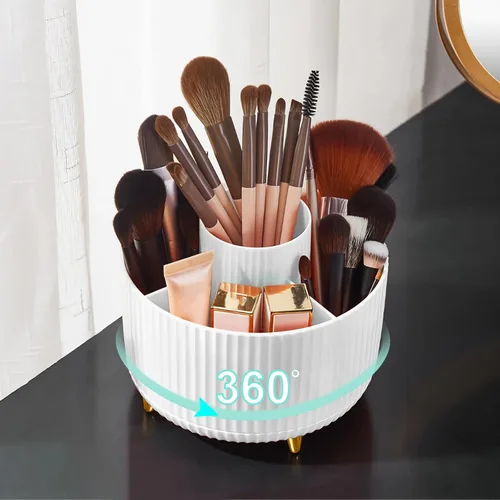 Miniatura 14 de Organizador para brochas de maquillaje, organizador de brochas de maquillaje giratorio 360°, taza con 5 ranuras para brochas de maquillaje