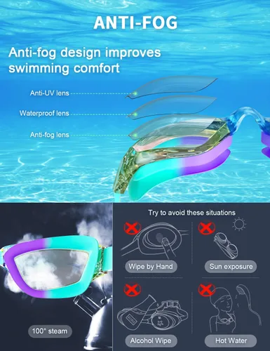 Miniatura 5 de gafas de natación para niños con pinza para la nariz, tapones para los oídos, puente de nariz para niños de 3 a 15 años Azul y púrpura