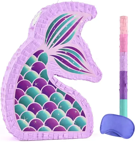 Miniatura 10 de WERNNSAI - Piñata de sirena plegable, piñata de cumpleaños con flecos que incluye cuerda para jalar, venda y bate. Decoraciones