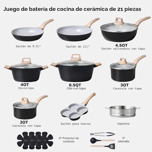 Miniatura 2 de CAROTE Juego de 21 ollas y sartenes antiadherentes, juego de utensilios de cocina de inducción color negro con sartenes y cacerolas