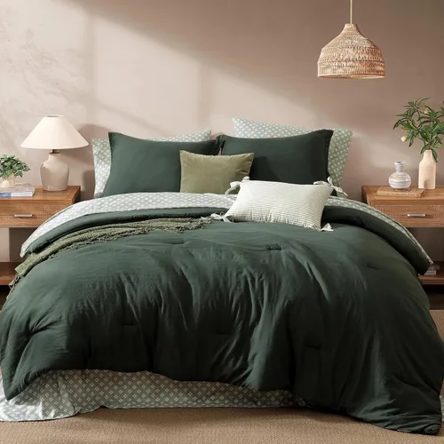 Miniatura 15 de Monbix Juego de Edredón de Tamaño Completo - 7 Piezas Verde Oliva Prelavado Ropa de Cama en una Bolsa Juegos de Ropa de Cama Completos