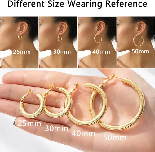 Miniatura 4 de Aretes de aro de oro grueso, aros ligeros de tubo de aulllow dorados gruesos para mujer, aretes grandes hipoalergénicos de 0.984in, 1.181in