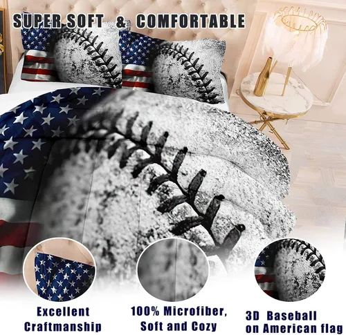 Miniatura 4 de Bodhi Juego de edredón de béisbol tamaño individual para niños, juego de edredón de bandera estadounidense tamaño individual, juego de ropa de cama