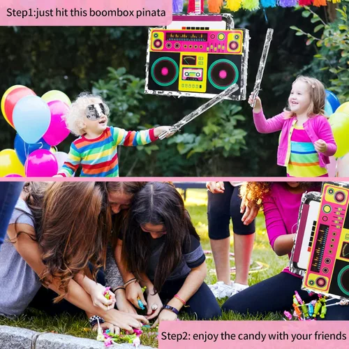 Miniatura 4 de Boombox Piñata con palo con los ojos vendados de los años 80, hip hop, juego de piñata mexicana para fiesta de regreso a los 80, regalos de radio