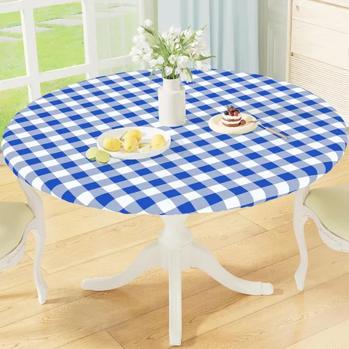 Miniatura 9 de misaya Mantel redondo ajustable con borde elástico, mantel de vinilo impermeable a cuadros de búfalo con parte trasera de franela para mesas