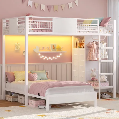 Miniatura 13 de ADORNEVE Litera Full sobre Twin con 8 cajones de almacenamiento, cama alta de metal con luces LED y estantes de almacenamiento, literas Twin sobre
