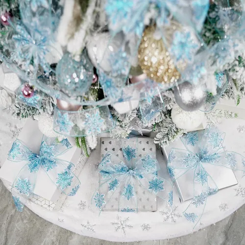 Miniatura 5 de HUIHUANG Cinta con alambre con purpurina de copo de nieve, cinta de copo de nieve azul y blanca para árbol de Navidad, 2-1/2 pulgadas x 25 yardas
