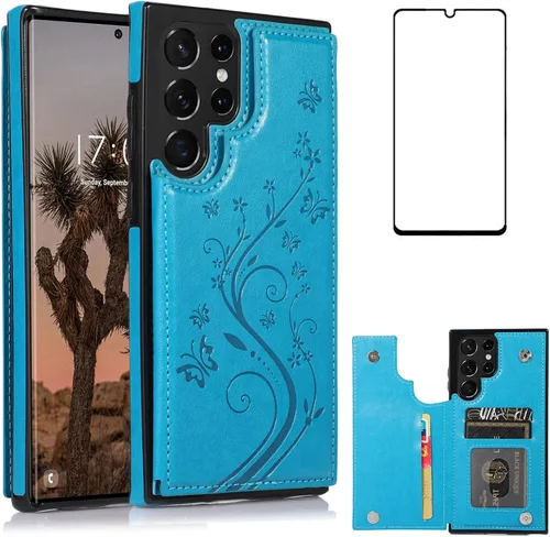 Miniatura 12 de Asuwish Funda para Samsung Galaxy S22 Ultra con protector de pantalla de vidrio templado, funda de cuero con soporte para tarjetas, doble cierre