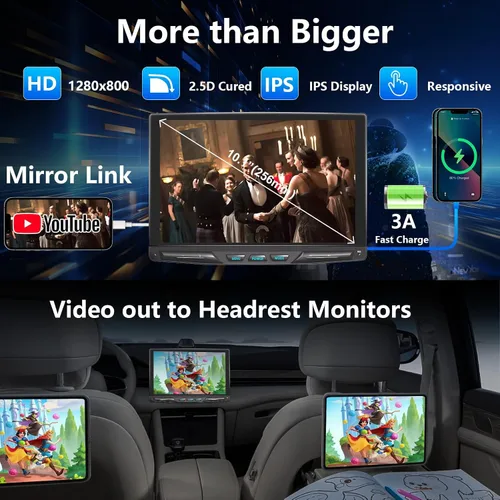 Miniatura 3 de Estéreo inalámbrico para automóvil de 10.1 pulgadas, desmontable y ajustable, Apple Carplay y Android Auto con pantalla táctil IPS de 1280 x 800