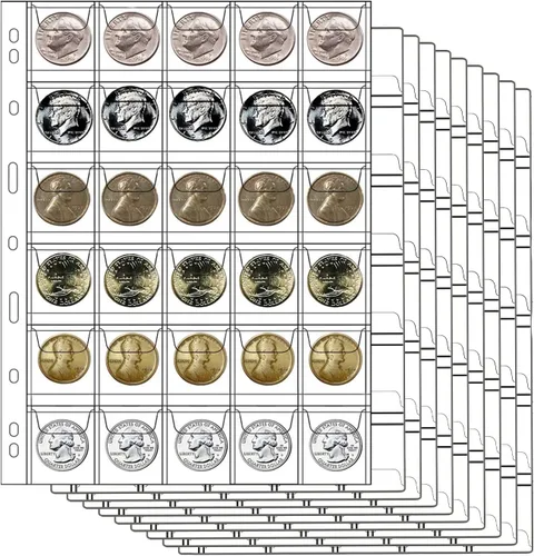 Páginas con bolsillos para monedas de 30 compartimentos, AITIME soporte estándar de 9 orificios para coleccionistas, 10 hojas de níquel, monedas de
