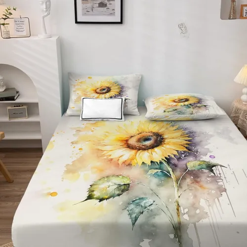 Miniatura 2 de Juego de sábanas de girasol tamaño individual, sábanas con estampado floral de plantas, sábanas y fundas de almohada de 3 piezas, sábana bajera