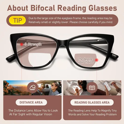 Miniatura 4 de Gafas de lectura bifocales para mujer, ojo de gato, de gran tamaño, bloqueo de luz azul, para lectores de computadora, gafas de diseñador Bifocal