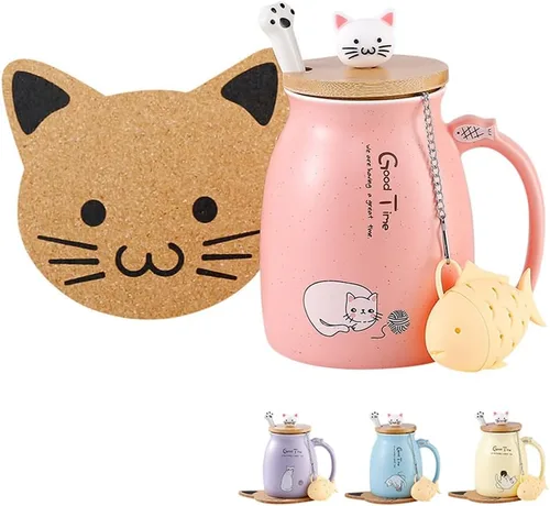 Miniatura 14 de BigNoseDeer Lindas tazas Kawaii de gato, taza de café de cerámica con infusor y tapa, cuchara, taza de té, regalos lindos y geniales para mujeres