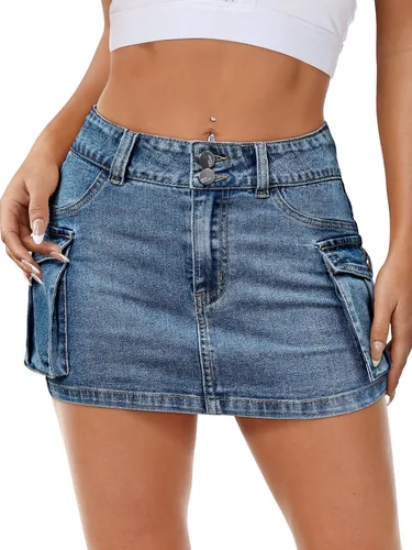 Miniatura 2 de Falda de mezclilla tipo cargo para mujer, mini, cintura baja, con botones y bolsillos con solapa Y2K