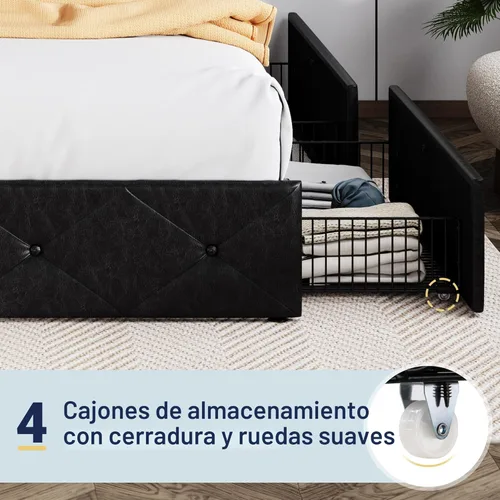 Miniatura 5 de Allewie Base de cama con plataforma tapizada tamaño Queen con 4 cajones de almacenamiento y cabecero, acolchado con botones de costura