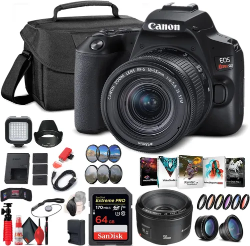 Canon EOS Rebel SL3 Cámara DSLR con lente de 0.709-2.165 in (negro) (3453C002), lente Canon EF de 1.969 in, tarjeta de memoria de 64 GB, kit de