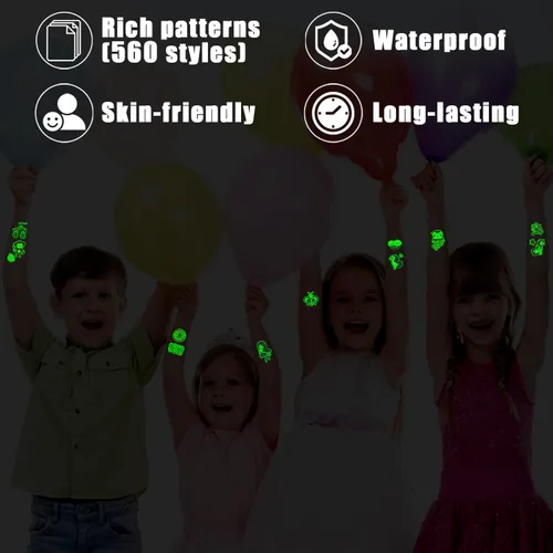 Miniatura 2 de Partywind 56 hojas de tatuajes temporales brillantes para niños, 560 estilos luminosos para fiestas, regalos sorpresa de cumpleaños, premios