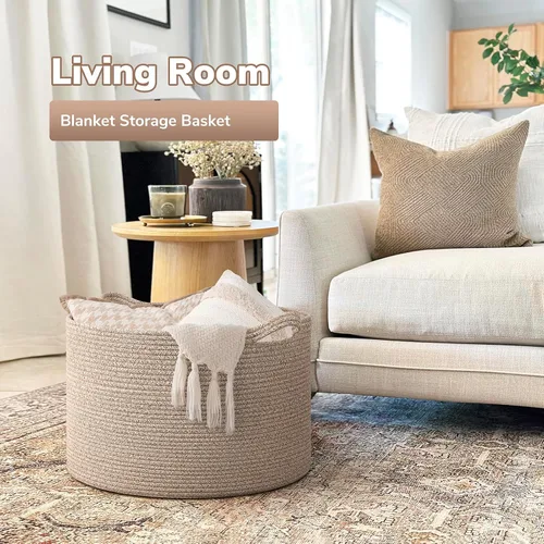 Miniatura 2 de Goodpick Cesta de manta de 65 litros, 19.7 x 12.6 pulgadas, cesta de cuerda de algodón, para sala de estar, organizadores de juguetes