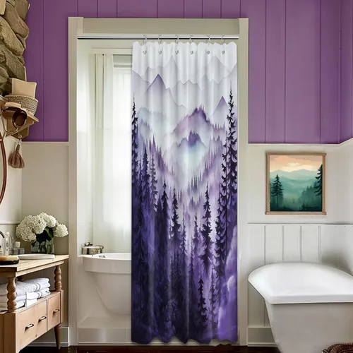 Miniatura 35 de Cortina de ducha azul marino de bosque Cortina de ducha azul oscuro de montaña y naturaleza para decoración de baño de hombres, tela impermeable