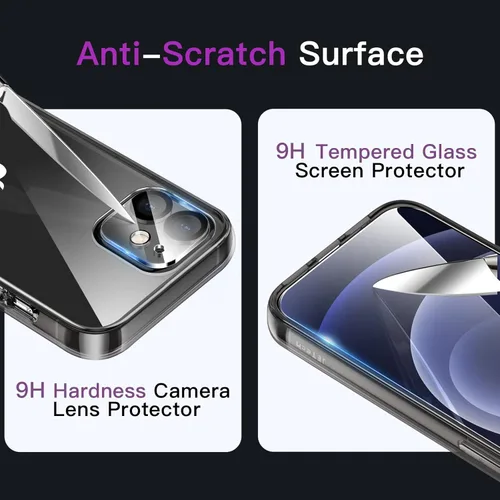 Miniatura 6 de JETech Funda 5 en 1 para iPhone 12 Mini de 5.4 pulgadas, con 2 protectores de pantalla y 2 protectores de lente de cámara, película de vidrio Negro