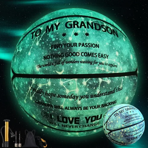 Miniatura 8 de Baloncesto grabado para hijo nieto que brilla en la oscuridad y holográfico, reflectante de 29.5 pulgadas con bomba de aire, regalo personalizado