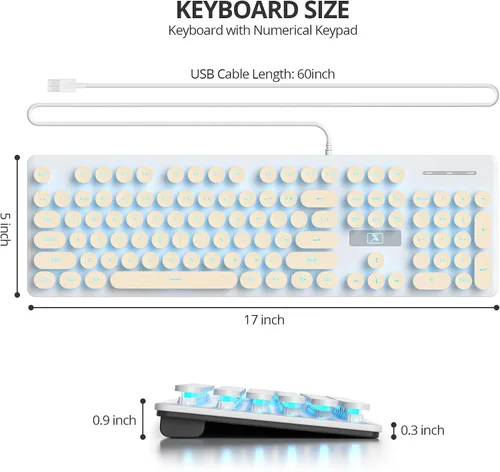 Miniatura 6 de Teclado de máquina de escribir retro con cable, teclado silencioso de computadora iluminado con 104 teclas redondas de tamaño completo, Azul