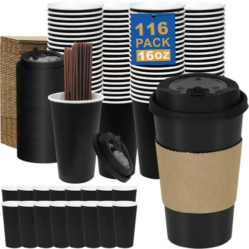 Miniatura 19 de Paquete de 100 tazas de café desechables de pared ondulada corrugada de 16 onzas con tapas y pajitas, tazas aisladas resistentes para bebidas