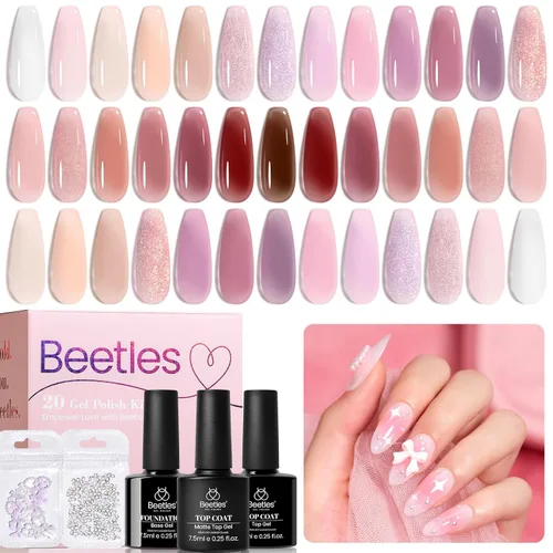 Miniatura 15 de beetles Gel Polish Juego de esmaltes de uñas de gel de 16 colores, blanco, marrón oscuro, rosa, colores nude, esmalte de uñas natural con 3 piezas