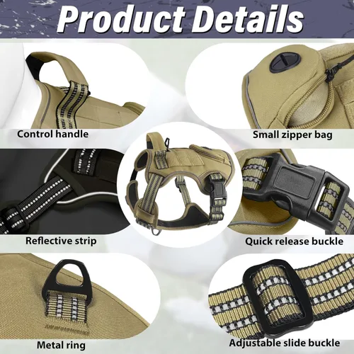 Miniatura 2 de Arnés táctico para perros grandes, chaleco de servicio militar resistente sin tirones con asa de control y 4 parches, arnés ajustable reflectante