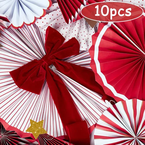 Miniatura 4 de Decoración de abanico de papel de Navidad, decoraciones de sombrero de Papá Noel, divertidos abanicos de papel colgantes rojos con estrellas doradas