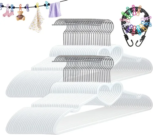 Miniatura 20 de Paquete de 20 perchas de plástico, lindas perchas ultra finas que ahorran espacio con gancho giratorio de 360 grados, fuertes y duraderas para Blanco